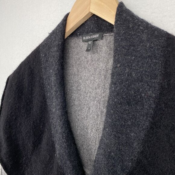 EILEEN FISHER Cardigan S Merino Wool Colorblock Shawl Pin Closure Gray Black - Picture 4 of 12